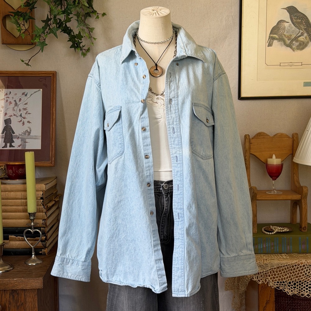 Light Wash Denim Button Down Shirt Oversized 90s Indie Grunge Vintage XL Granola
